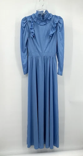 vintage 70s POLYESTER MAXI DRESS prairie ruffle boho cottagecore blue XS S