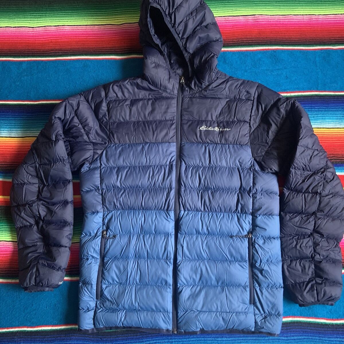 Eddie Bauer Mens EB650 Hooded Goose Down Puffer Jacket Blue Eddie Bauer Mens EB650 Hooded Goose Down Puffer Jacket Blue