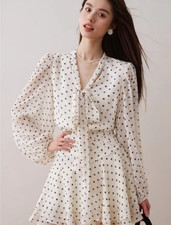 Women Bow Tie Polka Dot Dress Summer New Design V-neck Slim A-line Midi Skirt