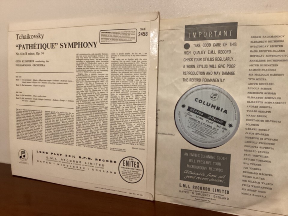 SAX 2458 1st Ed. TCHAIKOVSKY PATHETIQUE KLEMPERER UK COLUMBIA blue