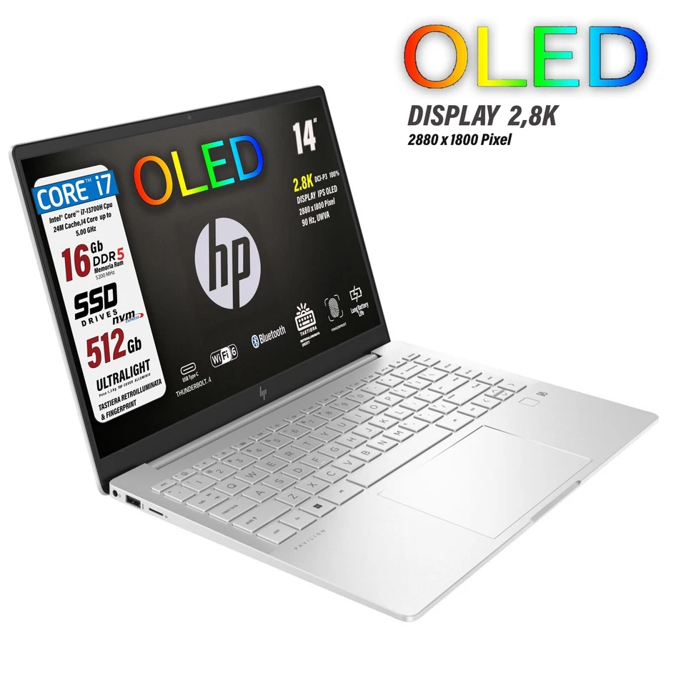 Notebook HP Pavilion Intel i7 13700H SSD 512GB DDR5 16GB B&O Retro Fing 14" 2.8K - Immagine 4 di 4