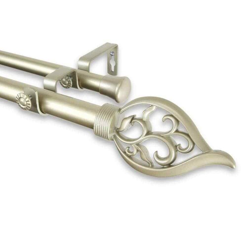 48-84 in. 1 in. Telescoping Double Curtain Rod in Light Gold w/ Flora Finial