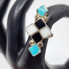 Old Native American Vintage Flush Inlaid Turquoise Onyx Sterling Silver Ring 8