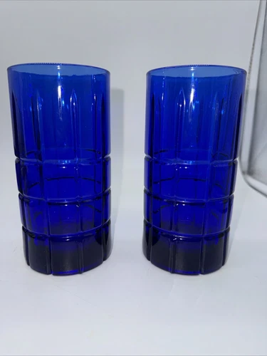 Set of 2 Anchor Hocking Tartan Cobalt Blue Flat Iced Tea Tumblers Glasses 16 oz