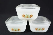 3 Fire King Vtg Refrigerator Dishes Maple Leaves Pattern With Lids 1/2 Pint