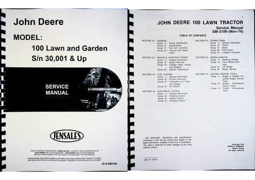 John Deere 100 Traktor Service Reparatur Handbuch Rasen Garten