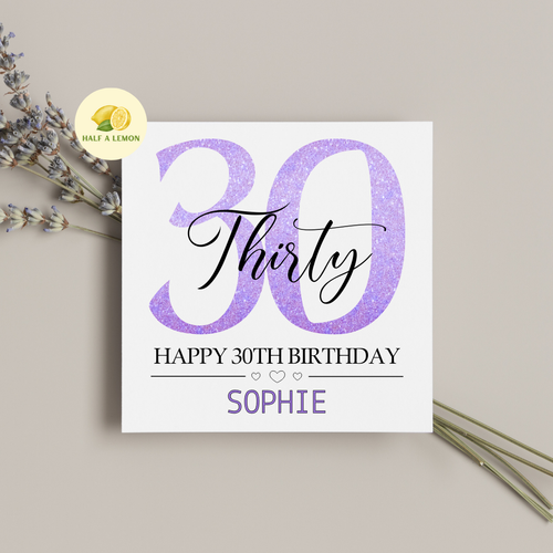 30TH BIRTHDAY CARD, PERSONALISED 30TH BIRTHDAY CARD FOR HER, PURPLE GLITTER, - Picture 10 of 10