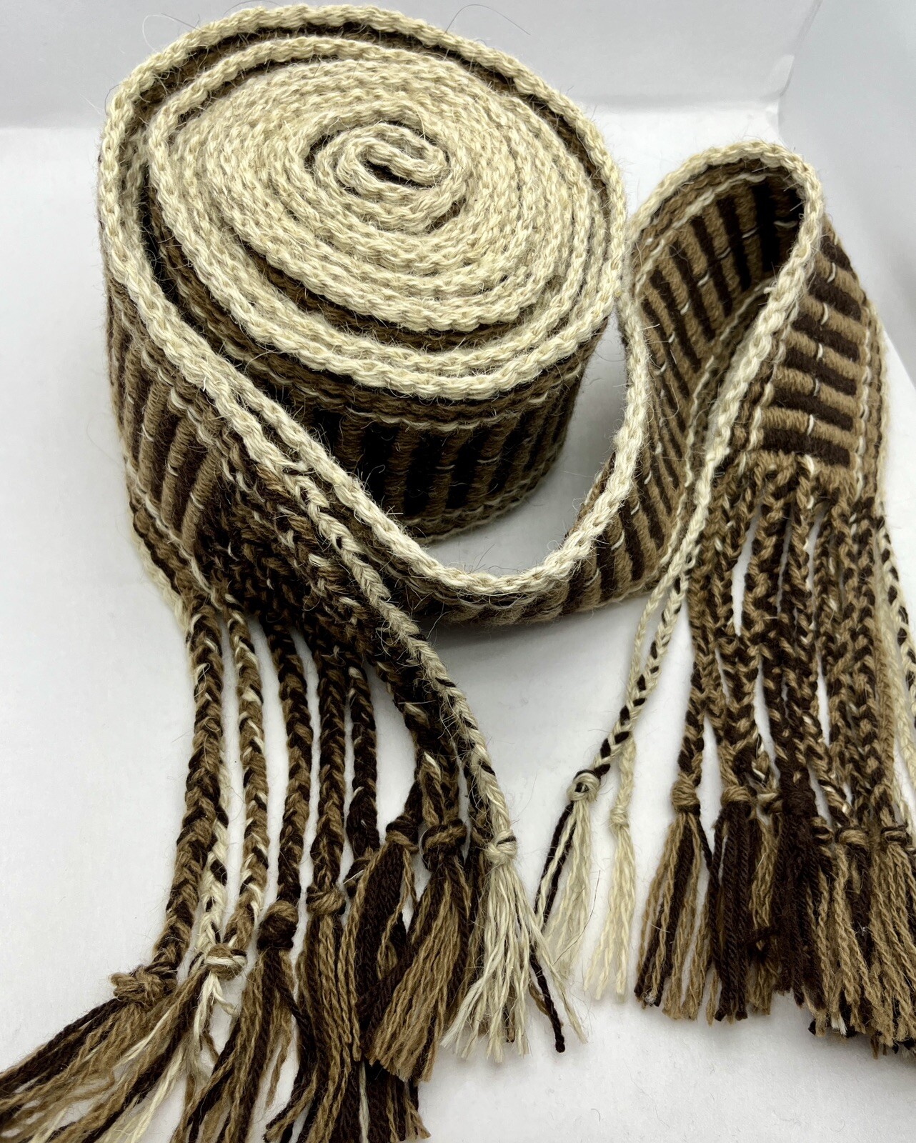 Marrón Tejido a Mano Cinturón Faja Lana 100% Beige Recreación Boho Tribal Anc...