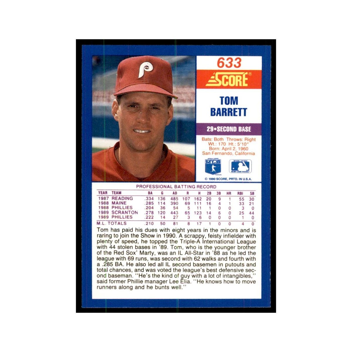 1990 Score Tom Barrett RC Baseball Cards #633 | eBay