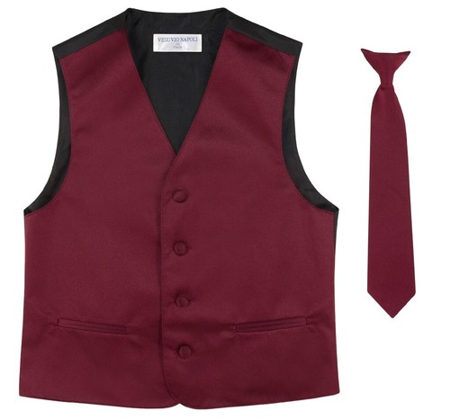 BOY'S Dress Vest & NeckTie Solid BURGUNDY Color Neck Tie Set Boys Tux Sizes - Picture 2 of 3