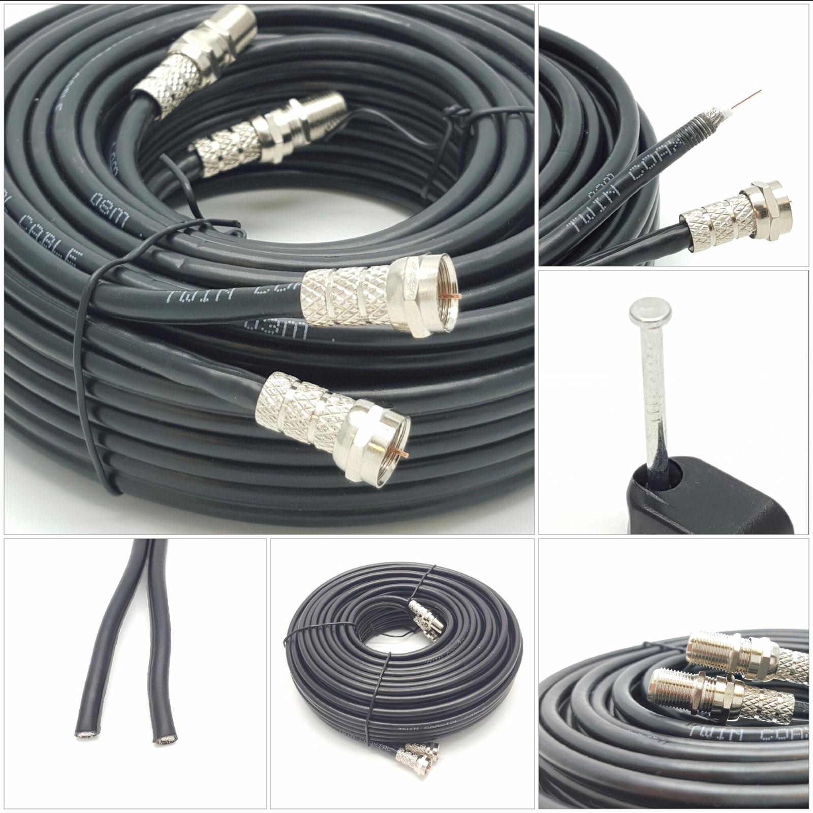 20m twin shotgun Satellite cable For SKY+ HD Q black NEW ! TV Satellite coax