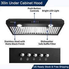 SNDOAS 30in Under Cabinet Range Hood 600CFM Kitchen Vent 3-Speed w/LED Black
