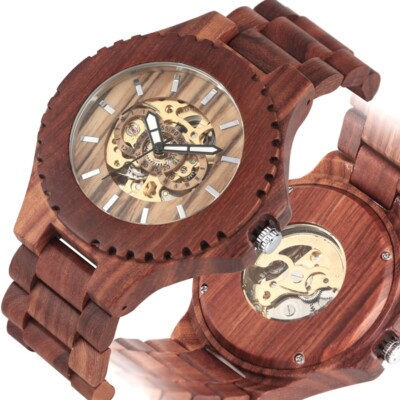 Full Red Sandalwood Men's Self-wind Mechanical Wrist Watch Adjustable Bracelet