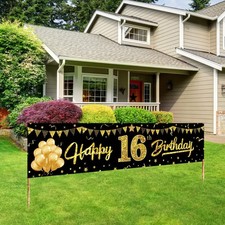 Black Gold Happy 16th Birthday Banner Decorations for Boys Girls 16 Birthda...