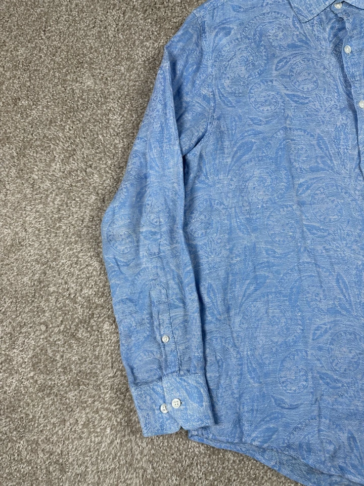 Camisa Tasso Elba Para Hombres Mediana Azul Paisley Lino Abotonada Manga Larga Informal Foto 4 de 4