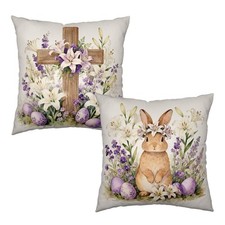 Easter Bunny Throw Pillow Covers 18x18 Set of 2 Watercolor Purple Floral Cros...