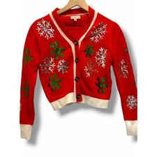Merry Christmas Poof Girls Sequin Snowflake Cardigan Sweater Red Holiday Sz Sm