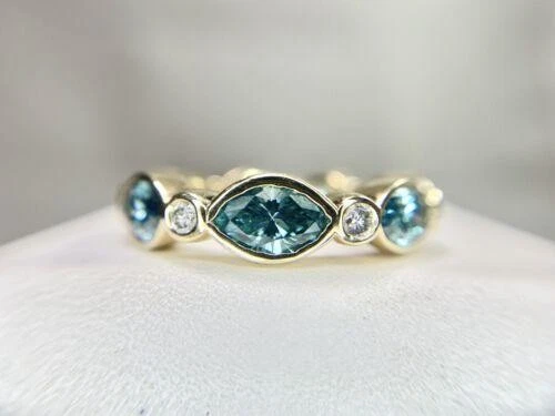 14k Yellow Gold Natural Fancy Blue Marquise Diamond Eternity Band Ring - Image 2 of 4