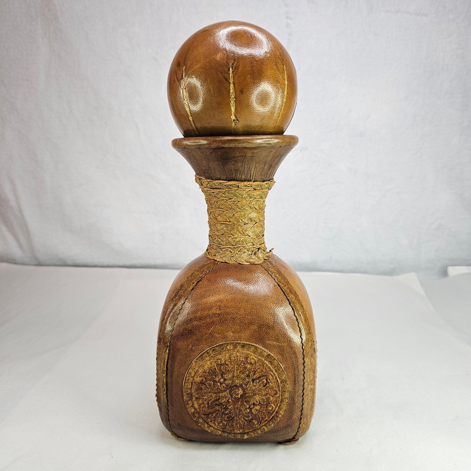 Vintage Brown Leather Decanter Bottle w/ Ball Stopper Rustic Neck Made in Italy