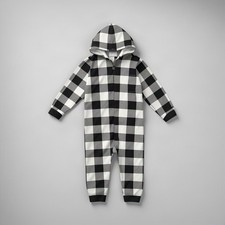 PJ Place Kids XL 14 Buffalo Check Fleece Hooded One Piece Pajamas Black White