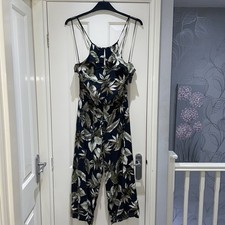 Oasis Black Green Tropical Leaf Wide Leg Sleeveless Belted Cropped Jumpsuit UK12
