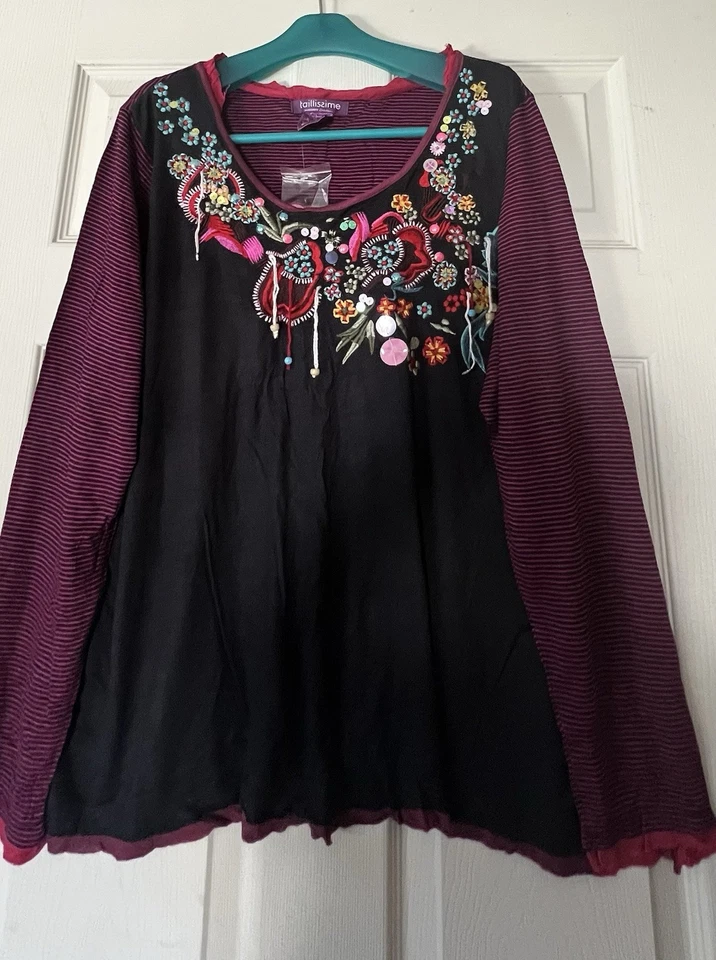 Blusa Top Mujer Estampado Negro Cuentas Y Bordado Manga Larga Talla: L Nueva Con Etiquetas Foto 2 de 4