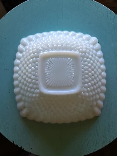 Vintage Bowl Milk Glass Square  / Candy Dish Diamond Pattern 7" Anchor Hocking