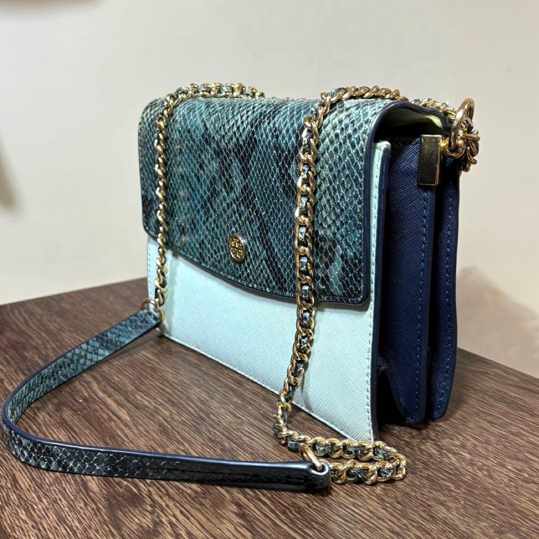 Tory Burch Shoulder Bag Python Pattern Chain Blue… - image 3