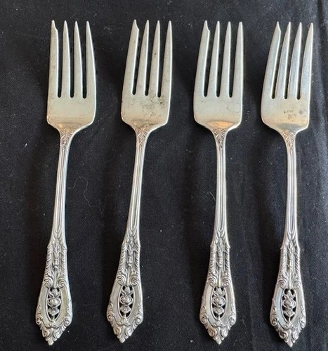 4 Pc Set Wallace Rose Point Sterling Silver Salad or Dessert Forks 6 3/8"