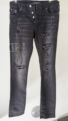 AMIRI Men's Skinny Slim Fit Black Distressed Button Fly Jeans Leather Logo