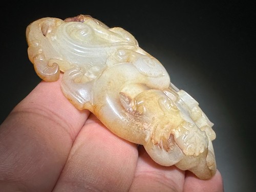 Rare Han Dy Old Jade Carved Dragon Phoenix Design "Ji Xin Pei" Pendant L 8.0 cm - Picture 24 of 24