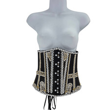 Baroque Pearl Gold Embellished Black Corset with Lace Appliques