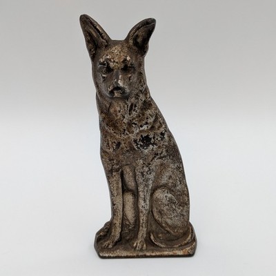 Antique Cast Iron Silver Paint Patina 6.25  German Shepherd Dog Door Stop