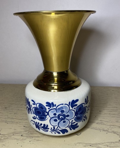 Vintage Delft Holland Hand-Painted White Blue Flowers Bud Vase Brass Top Signed