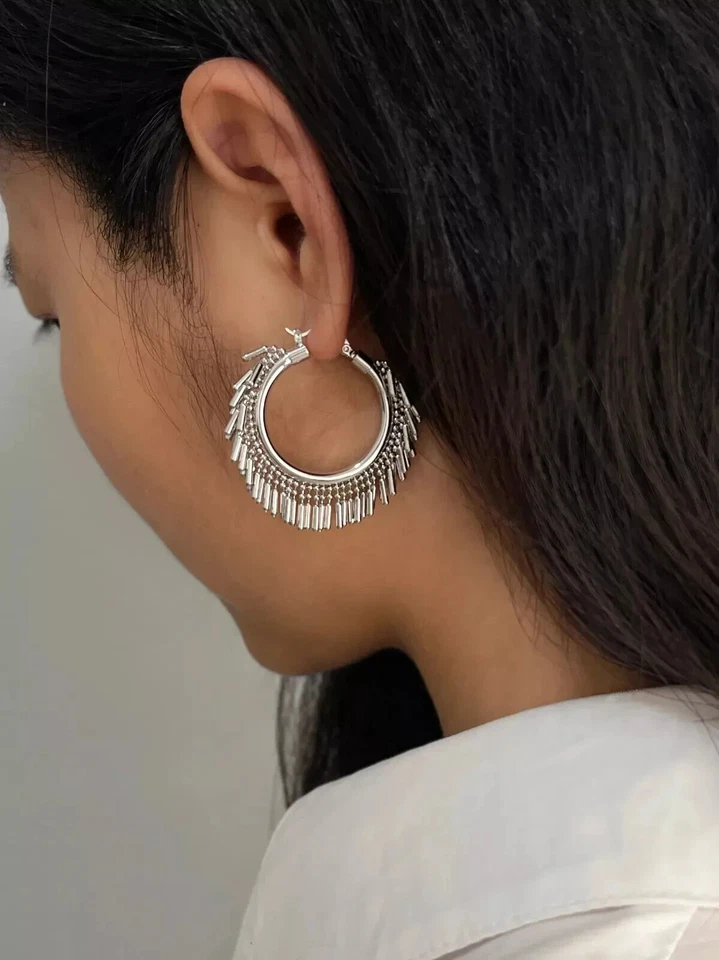 Statement Hoop Earrings Tassel Hoops Beaded Large Dangle Big Modern Gold Silver - Image 3 of 4