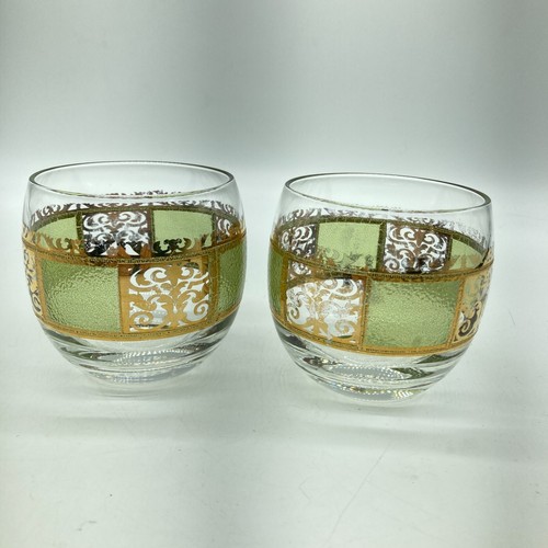 Vintage Barware Pair of Roly Poly Cocktail Glasses Green & Gold Mid Century Home - Picture 2 of 18