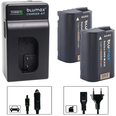 BLUMAX 2x Akku + Lader für Panasonic DMW-BLK22 Lumix DC S5 G9 GH5 II GH6 2250mAh