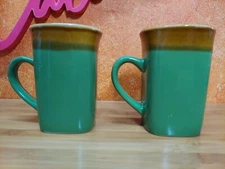 ROYAL NORFOLK Green/Brown Square Coffee Latte Cup 5" high X2 MUGS