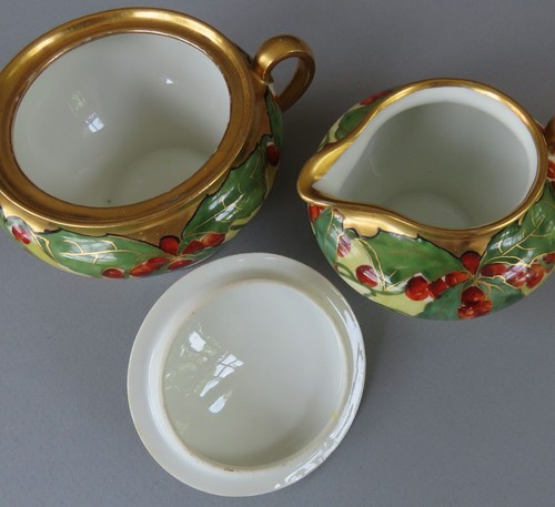 Antique LIMOGES HP Porcelain Covered Sugar Creamer HOLLY & BERRIES Brauer COWAN - Picture 7 of 9