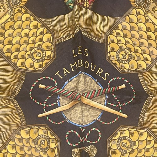 Hermes Carre LES TAMBOURS Scarf Multicolor Silk J-1698 Gold Black - Picture 2 of 13