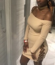 PrettyLittleThing Nude off shoulder dress with side cut out + criss cross detail