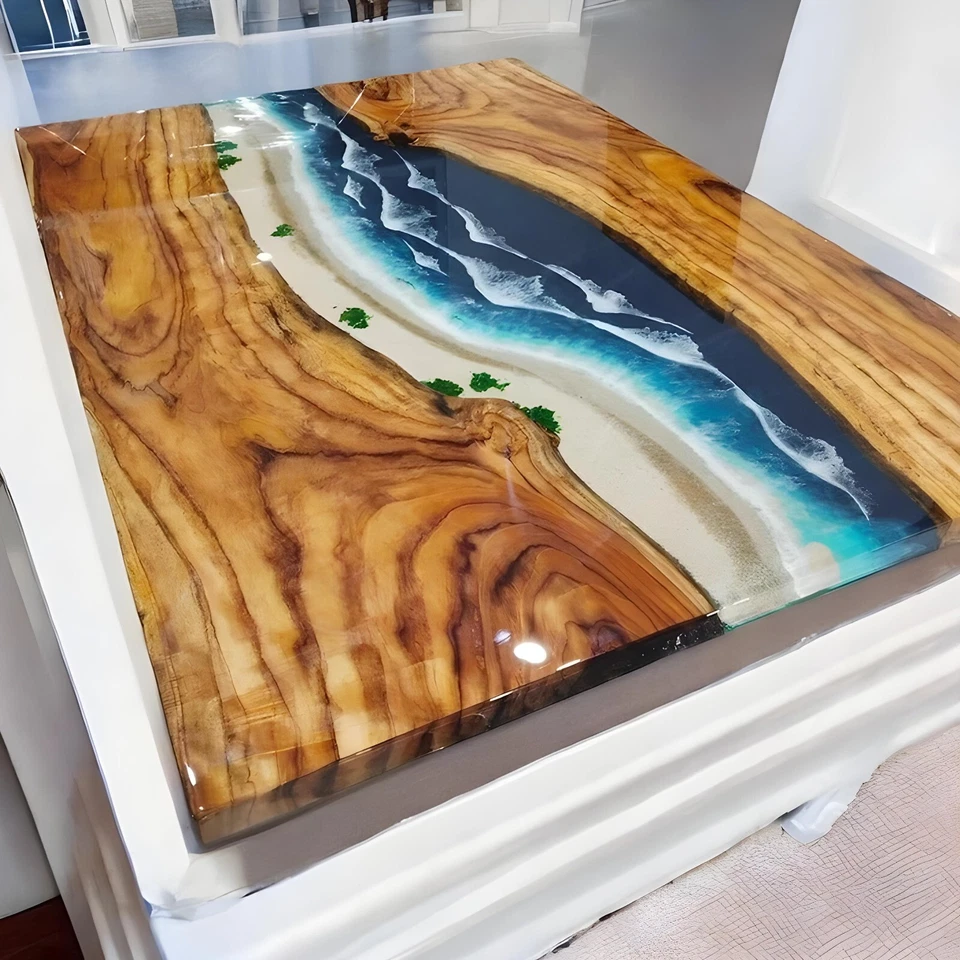 Handmade Epoxy Resin Blue Ocean Wave Dining Table Luxury Reception Counter Desk - Image 2 of 4