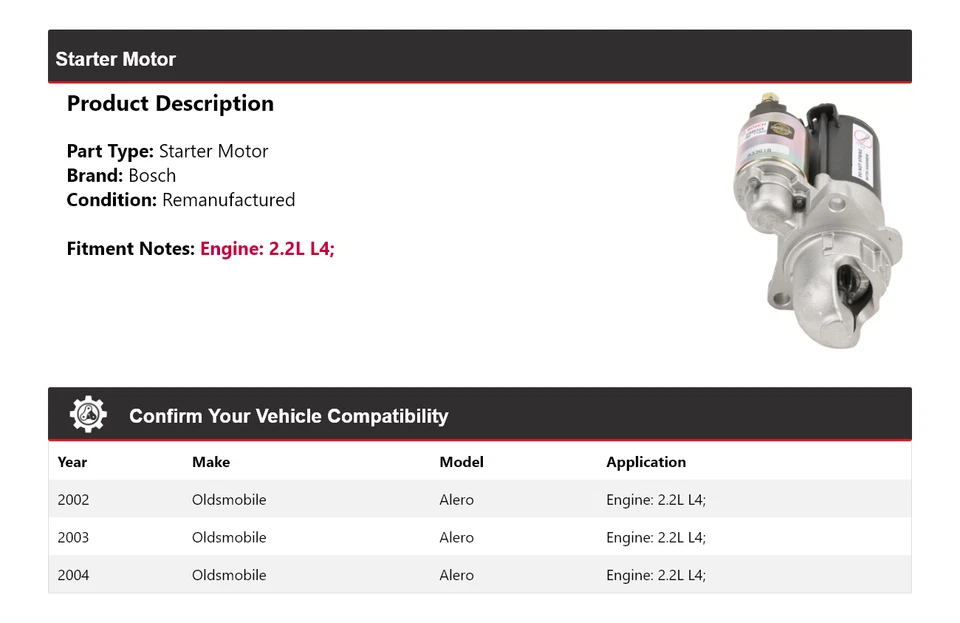 Arranque Bosch Oldsmobile Alero 2002-2004 2,2 L L4 (remanufacturado) 2003 Foto 2 de 4
