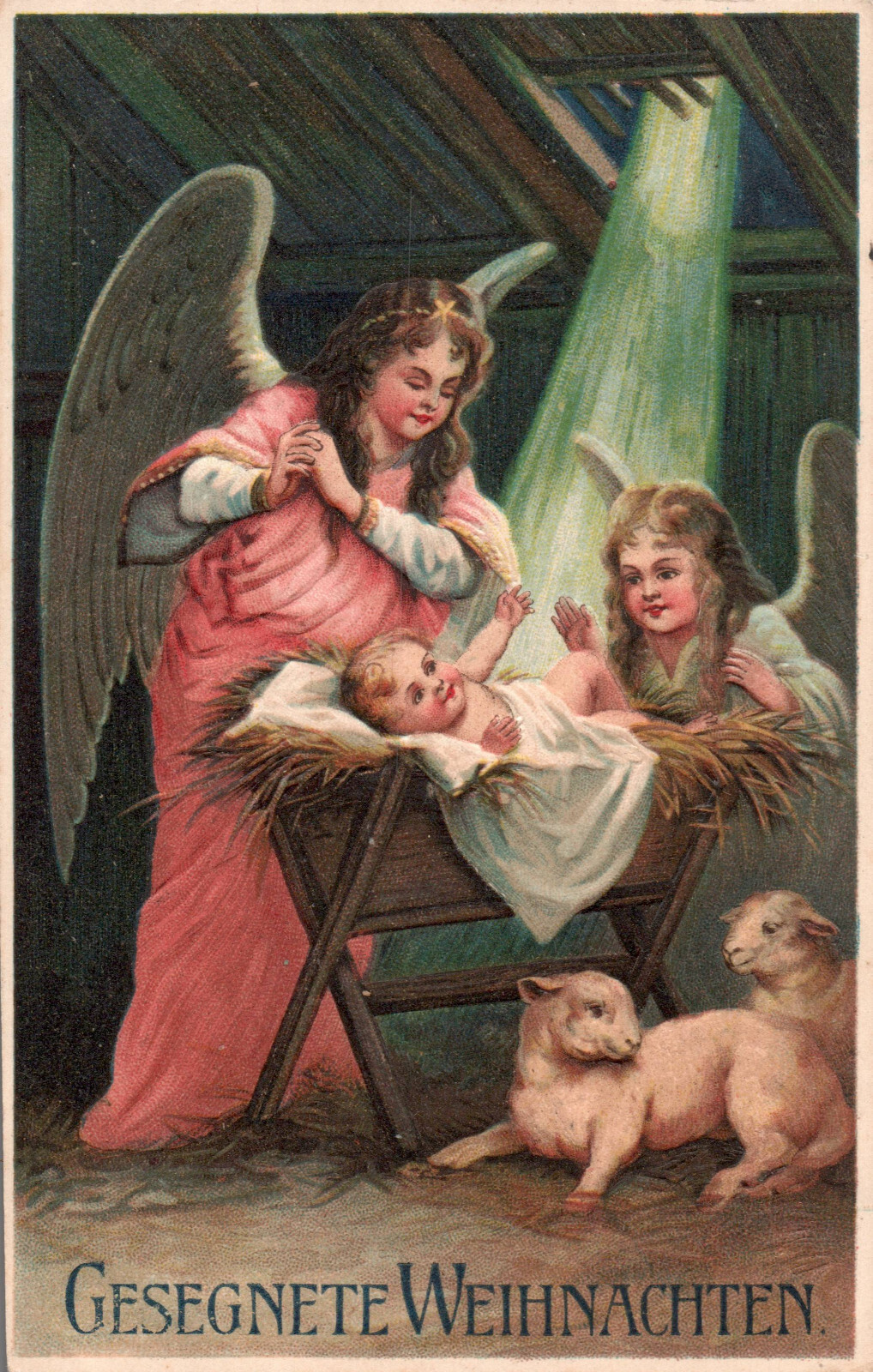 AK Gesegnete Weihnachten, Krippe Jesuskind Engel Schafe (Nr. 2657)