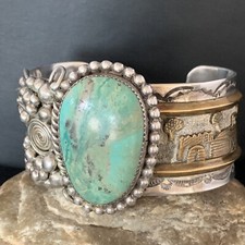 XL Mens Green Turquoise Navajo Sterling Silver 12K Gold Cuff Bracelet 14116