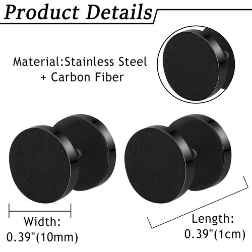 3Pairs Men Women Black Carbon Fiber Ear Stud Earrings Faux Gauges Ear Plugs - Bild 6 von 8