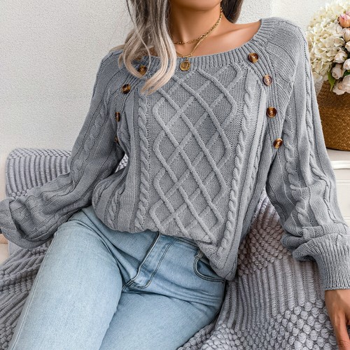 winter casual square neck button Fried Dough Twists knitting pullover sweater - Picture 45 of 58
