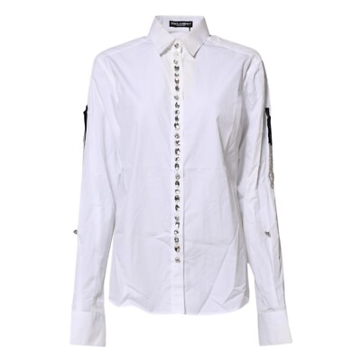 DOLCE & GABBANA Shirt White Crystal Embellished Collared Top IT36/US2/XXS 278...