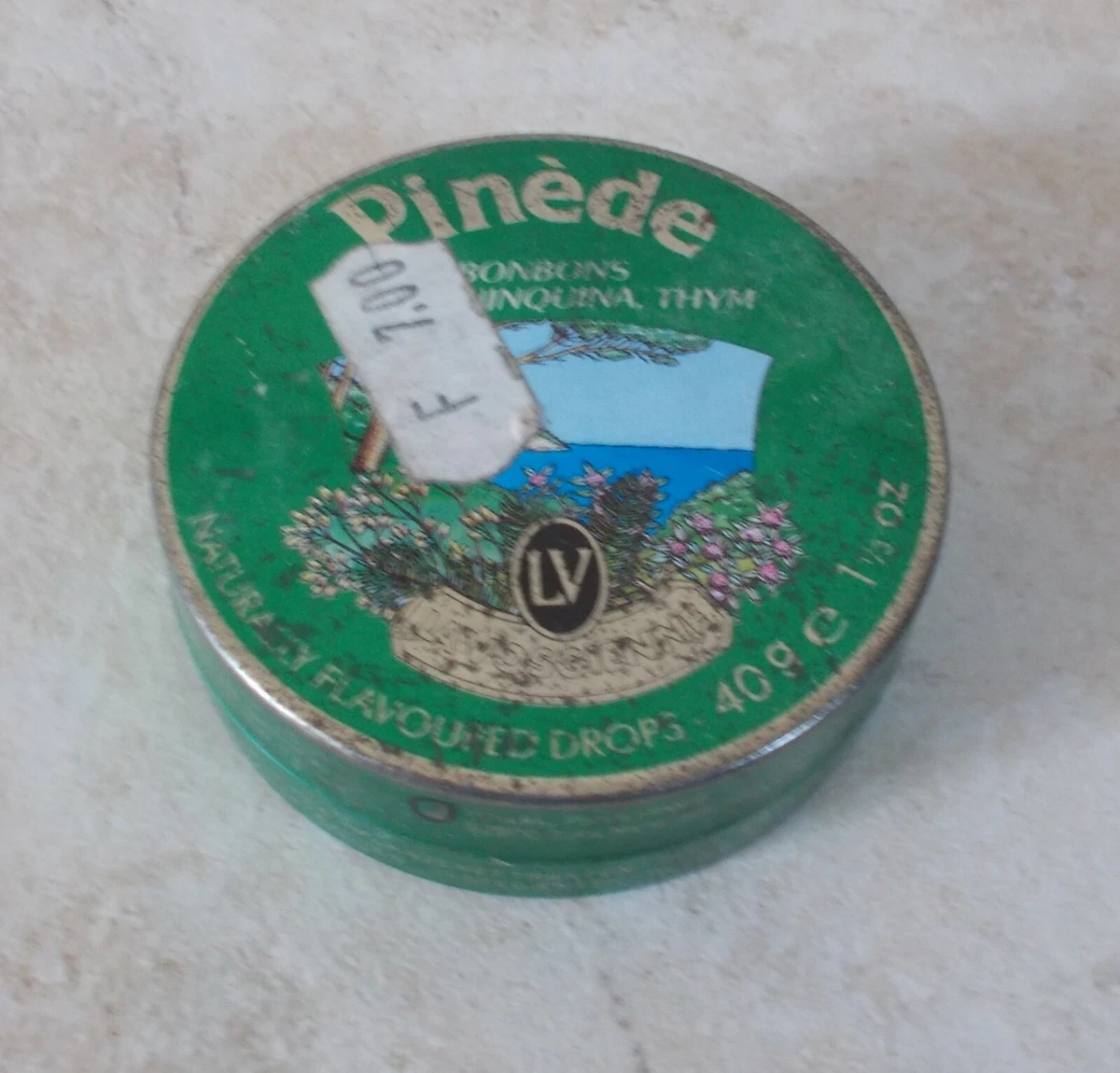 Vintage french tin box PINEDE From la Vosgienne ad France candy green