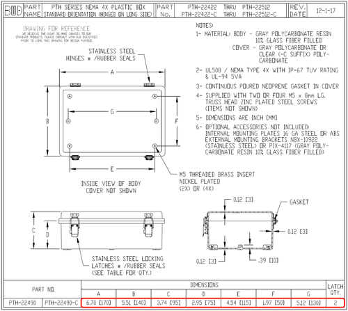 BUD 7x6x4" Hinged Latching Enclosure + Backplate, Clear Box,Outdoor NEMA 4X IP67 - Picture 3 of 9